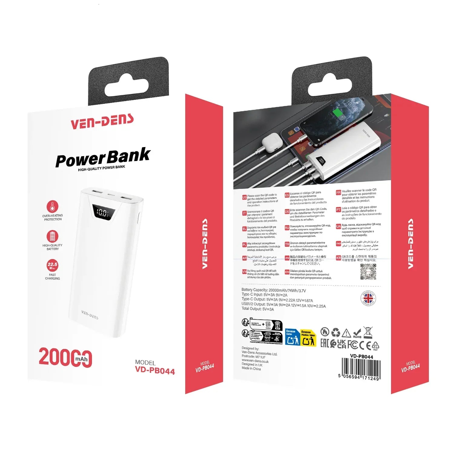 Original VD-PB042 20000mAh Power Bank – Dual USB Output, LED Display, Fast Charging
